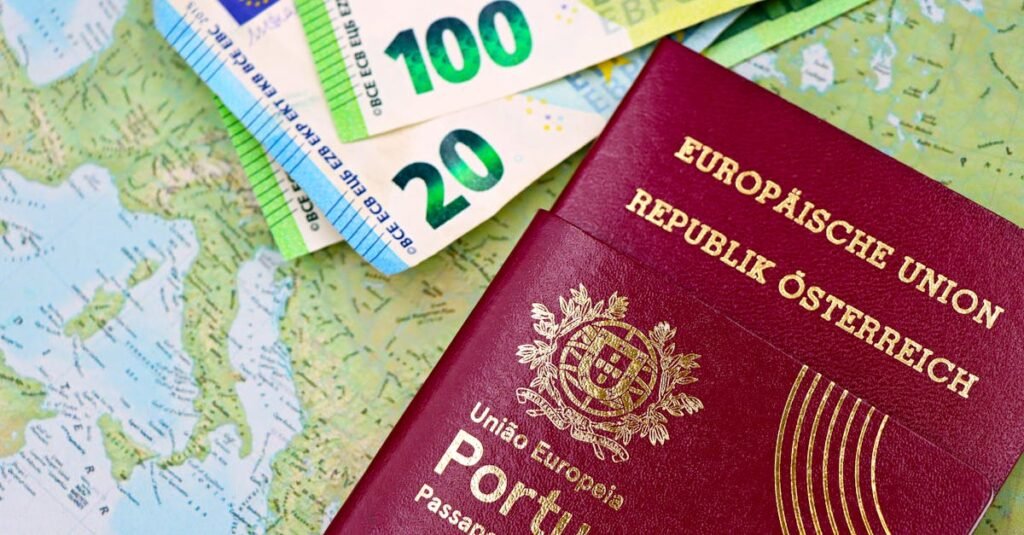 The Full Guide to Getting Your Hungarian Residence Permit Portugal and Austria passports displayed with Euro currency notes on European map background.